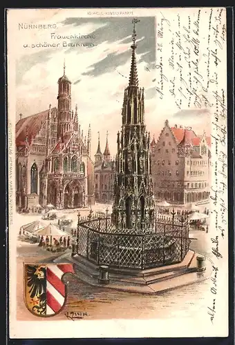 Lithographie Nürnberg, Frauenkirche u. schöner Brunnen