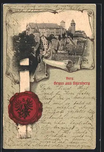 Passepartout-AK Nürnberg, Burg, Schriftrolle mit Wappensiegel