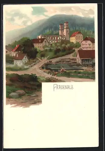 Künstler-AK Karl Mutter: Frauenalb, Ortspartie mit Blick zum Kloster