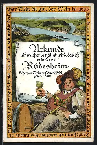 Künstler-AK Rüdesheim, Ortsansichten Rüdesheim und Bingen, Weintrinker