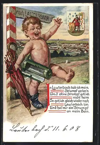 Künstler-AK Lauterbach, nackter Bube mit Schirm, Stadtpanorama und Wappen