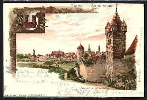 Lithographie Rothenburg, Stöberleinsthurm mit Blick auf die Stadt, Wappen