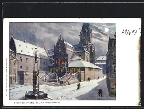 Künstler-AK Aschaffenburg, Strassenpartie mit Stiftskirche im Winter