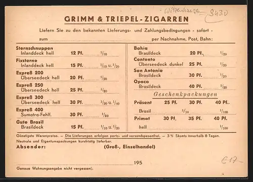 AK Unterrieden bei Witzenhausen /Werra, Kautabak- und Zigarrenfabrik Grimm & Triepel, Bestellkarte, Firmenlogo