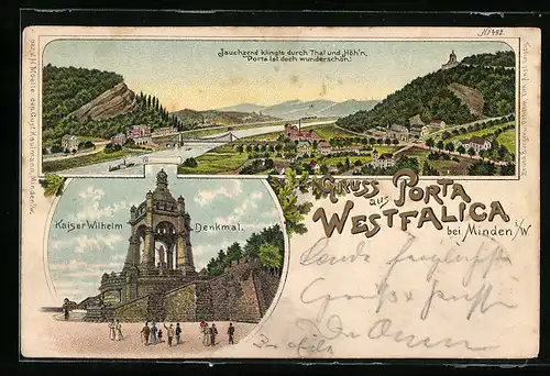 Lithographie Porta Westfalica, Gesamtansicht, Kaiser Wilhelm-Denkmal