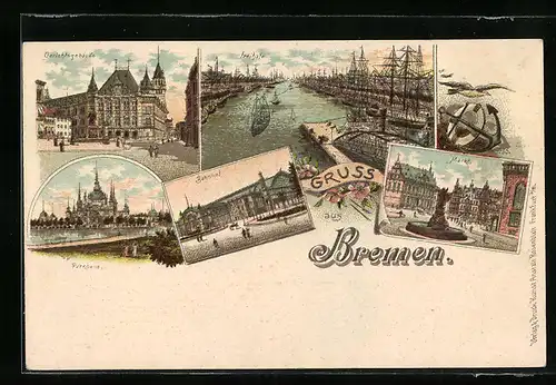 Lithographie Bremen, Gerichtsgebäude, Parkhaus, Bahnhof, Markt, Freihafen