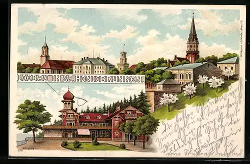 Lithographie Löbau, Gasthof Honigbrunnen und Ortspartie mit Kirche