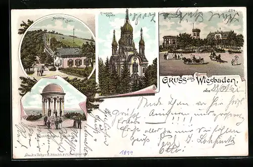 Lithographie Wiesbaden, Neroberg-Restauration, Neroberg-Bahn, Aussichtstempel a. d. Neroberg