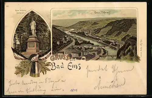 Lithographie Bad Ems, Kaiser Wilhelm Denkmal, Ortsansicht