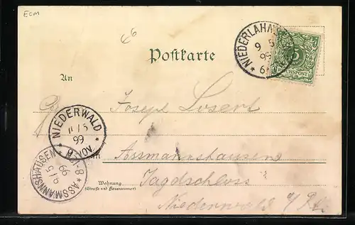 Lithographie Bad Ems, Kaiser Wilhelm Denkmal, Ortsansicht