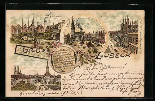 Lithographie Lübeck, Geibel-Denkmal, Breitestrasse und Rathaus, Marktplatz