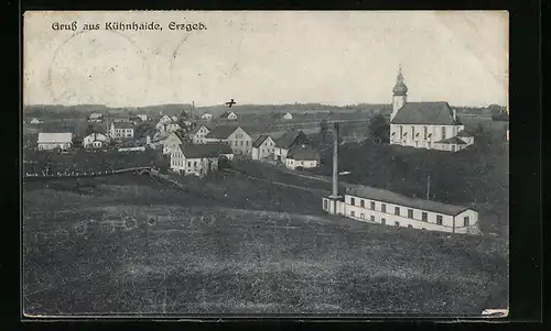 AK Kühnhaide /Erzgeb., Teilansicht mit Kirche und Fabrik