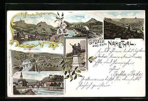 Lithographie Ebernburg, Oberstein, Kirn, Münster am Stein und Kreuznach