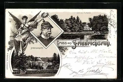 Lithographie Friedrichsruh, Schlossansicht, Schloss Parkseite, Otto von Bismarck
