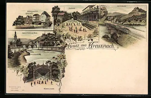 Lithographie Kreuznach, Wandelbahn, Kurhaus, Ebernburg