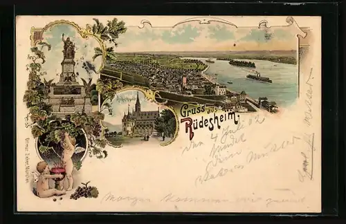 Lithographie Rüdesheim am Rhein, Rochus-Kapelle, National-Denkmal