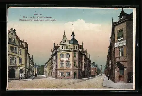 AK Worms, Blick von der Brunhildenbrücke, Donnersberger Strasse und Lutherkirche