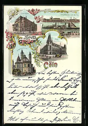 Lithographie Cöln, Stadttheater, Post, Schiffbrücke und Deutz