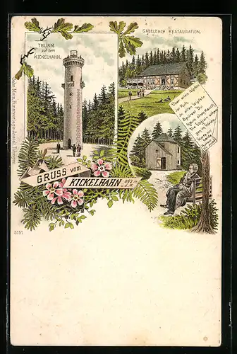 Lithographie Ilmenau, Restaurant Gabelbach, Turm auf dem Kickelhahn, Ortspartie mit Mann