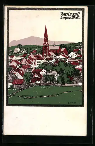 Künstler-AK Zwiesel /Bayer. Wald, Panoramablick auf den Ort