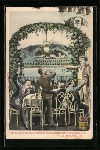 AK Rüdesheim a. Rh., M. Beiderlindens Hotel Rheinstein, Trinkerauf der Garten-Veranda