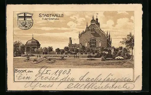 Lithographie Bonn, Stadthalle in der Gronau, Wappen