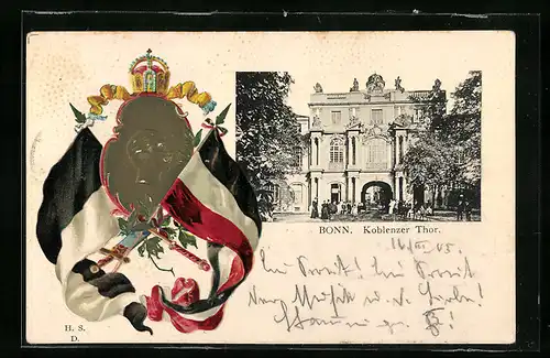 Passepartout-Lithographie Bonn, Koblenzer Tor, Wappen mit Kaiser Wilhelm II., Fahnen