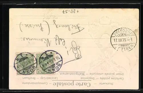 Passepartout-Lithographie Bonn, Koblenzer Tor, Wappen mit Kaiser Wilhelm II., Fahnen