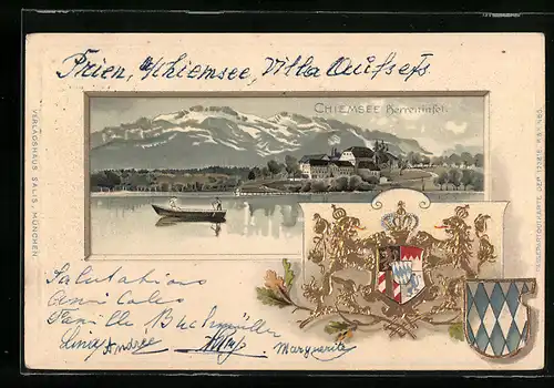 Passepartout-Lithographie Herreninsel im Chiemsee, Panorama, Wappen