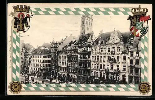 Passepartout-Lithographie München, Marienplatz mit Hotel Peterhof, Wappen