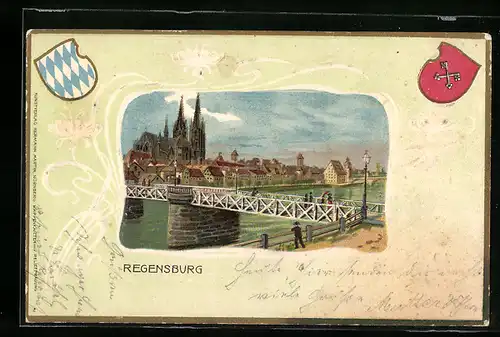 Passepartout-Lithographie Regensburg, Uferpartie mit Kirche und Brücke, Wappen