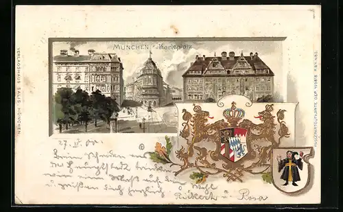 Passepartout-Lithographie München, Karlsplatz, Wappen