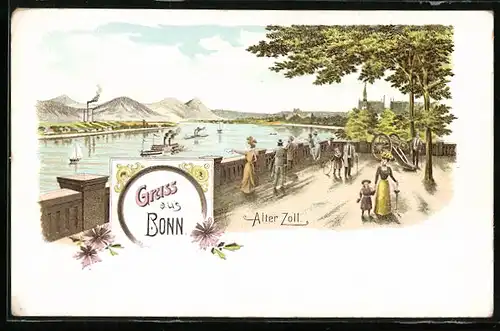 Lithographie Bonn, Alter Zoll mit Kanone