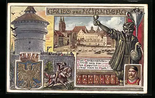 AK Nürnberg, Marktplatz, Portrait, Nürnberger Trichter, Lebkuchen, Wappen