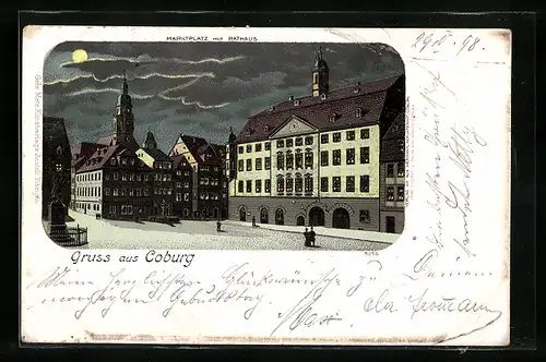Lithographie Coburg, Marktplatz mit Rathaus bei Mondschein