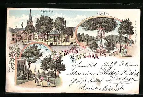 Lithographie Kevelaer, Kapellen-Platz, Kreuzbaum, Pfarrkirche