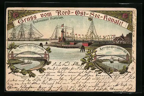 Vorläufer-Lithographie Holtenau, 1895, Holtenauer Festplatz mit Schiff, Greunthaler Bruecke, Levensauer Bruecke