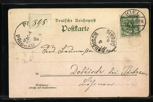 Vorläufer-Lithographie Holtenau, 1895, Holtenauer Festplatz mit Schiff, Greunthaler Bruecke, Levensauer Bruecke