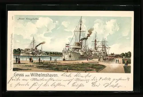 Lithographie Wilhelmshaven, Neuer Kriegshafen mit Dampfern