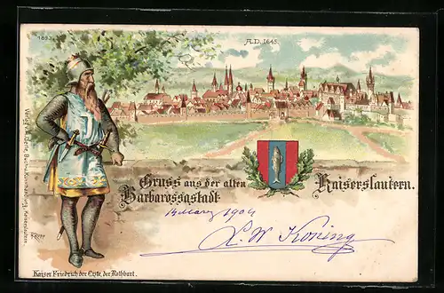 Lithographie Kaiserslautern, Ortsansicht a. d. Jahre 1645, Ritter und Wappen