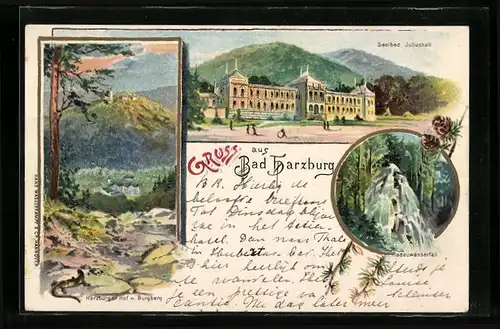 Lithographie Bad Harzburg, Radauwasserfall, Harzburger Hof mit Burgberg, Soolbad Juliushall