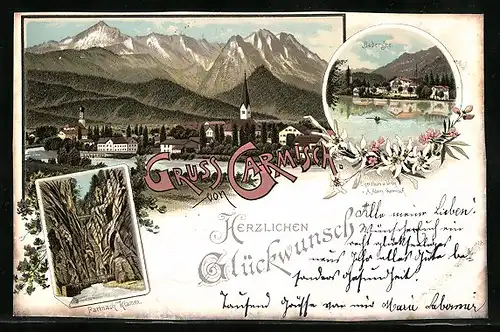 Lithographie Garmisch, Badersee, Partnachklamm, Panorama mit Kirche