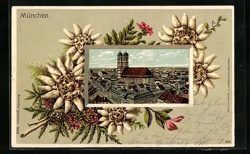 Passepartout-Lithographie München, Frauenkirche im Stadtbild, gerahmt von Edelweiss