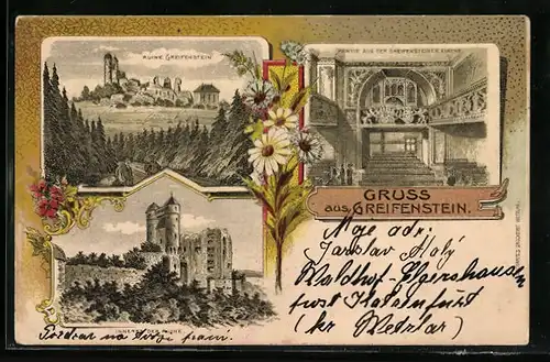 Lithographie Greifenstein, Ruine Greifenstein, Innenansicht der Kirche