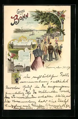 Lithographie Bonn, Marktplatz, Universität, elegante Dame & Studenten