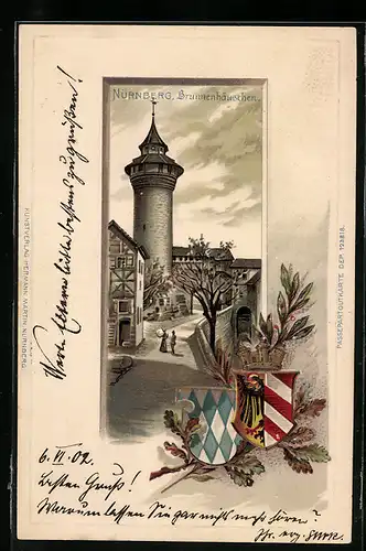 Passepartout-Lithographie Nürnberg, Strassenpartie mit Brunnenhäuschen, Wappen