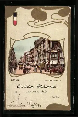 Passepartout-Lithographie Berlin, Verkehr auf der Friedrichstrasse, Jugendstil-Rahmen