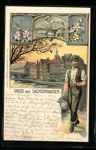 Lithographie Frankfurt-Sachsenhausen, Stadtbewohner trägt einen Teller mit Essen und einen Krug, Ortspartie