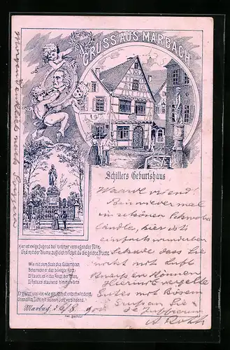 Lithographie Marbach, Schillers Geburtshaus