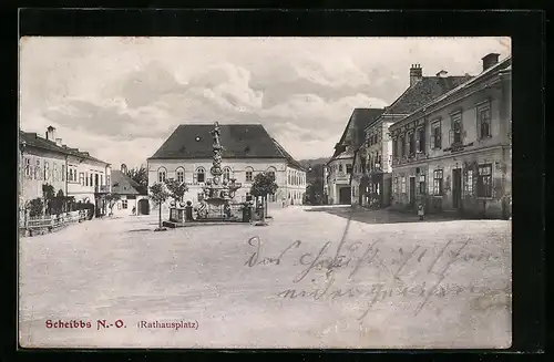 AK Scheibbs, Rathausplatz mit Denkmal